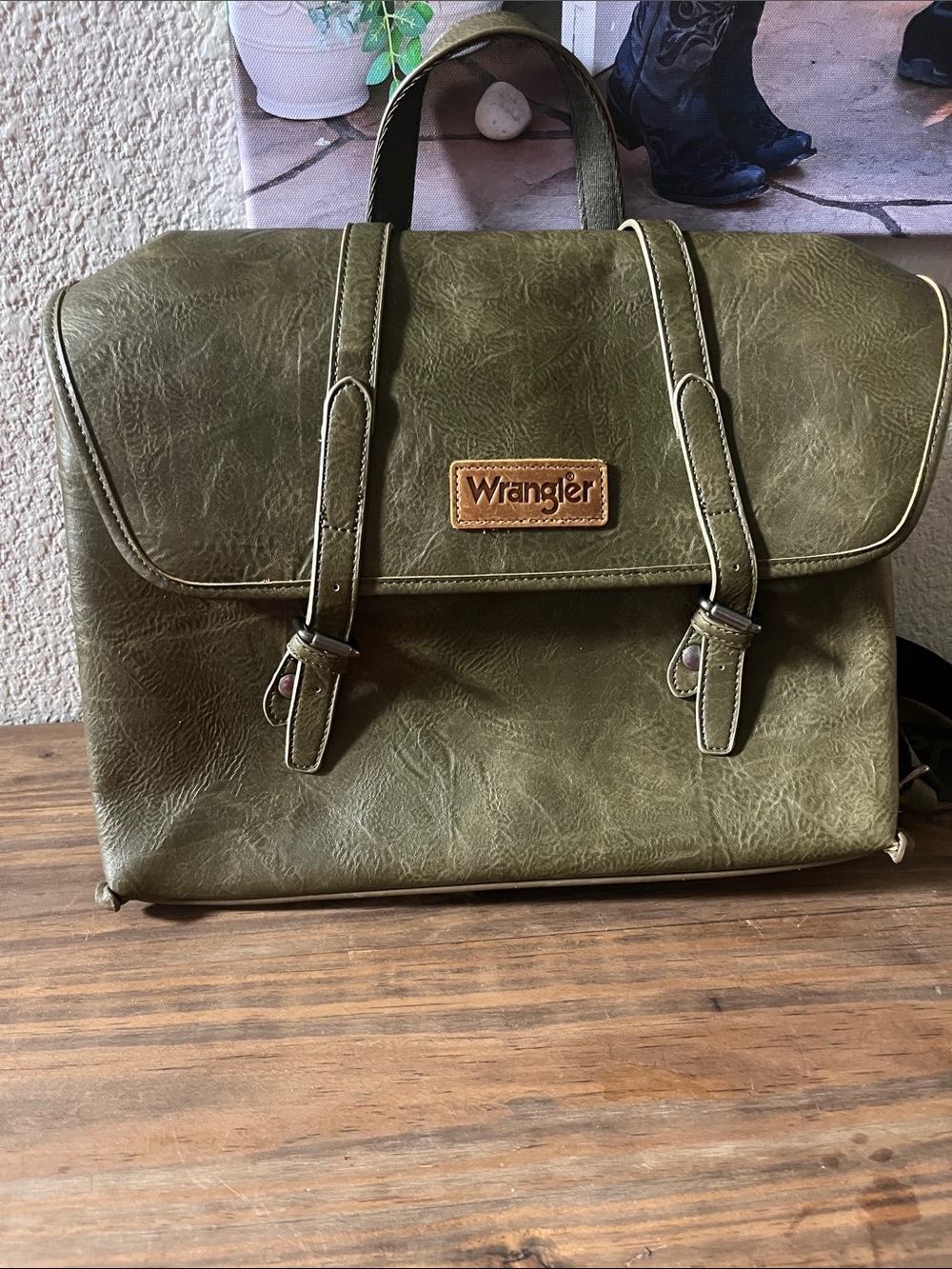 Wrangler Olive Green Faux-Leather Backpack Satchel